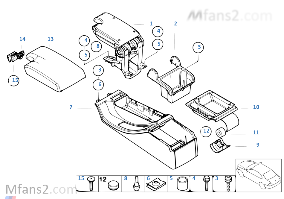 Center console/armrest, support, trim pan.