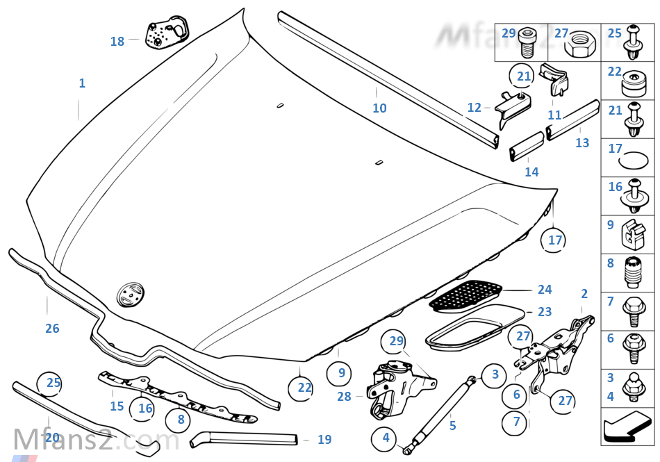 Engine hood/mounting parts
