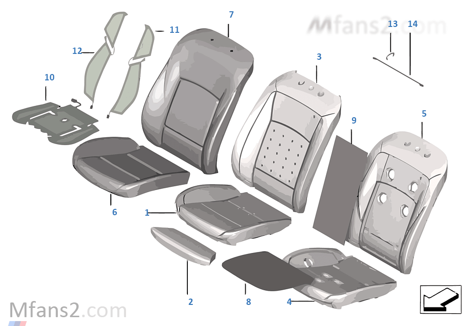 Seat, front, upholstery and cover