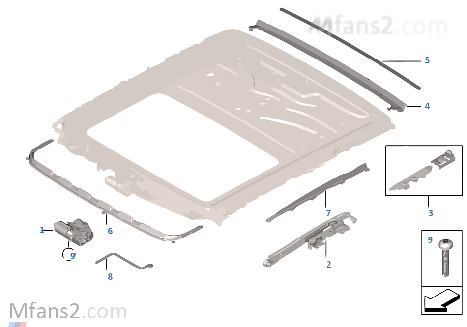 Slide/tilt sunroof mounted parts
